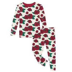 NEW KICKEE kids' print long sleeve pajama set in holiday poppies